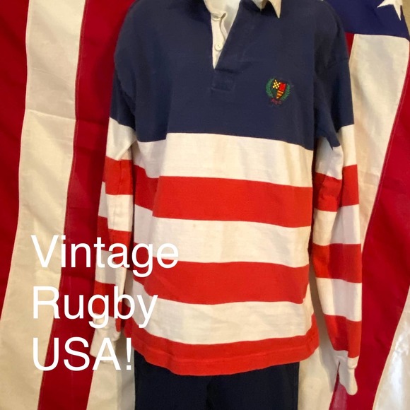 Mens VTG 90s American Eagle Outfitters Sz L Red White Blue LS Rugby Shirt - Picture 1 of 3